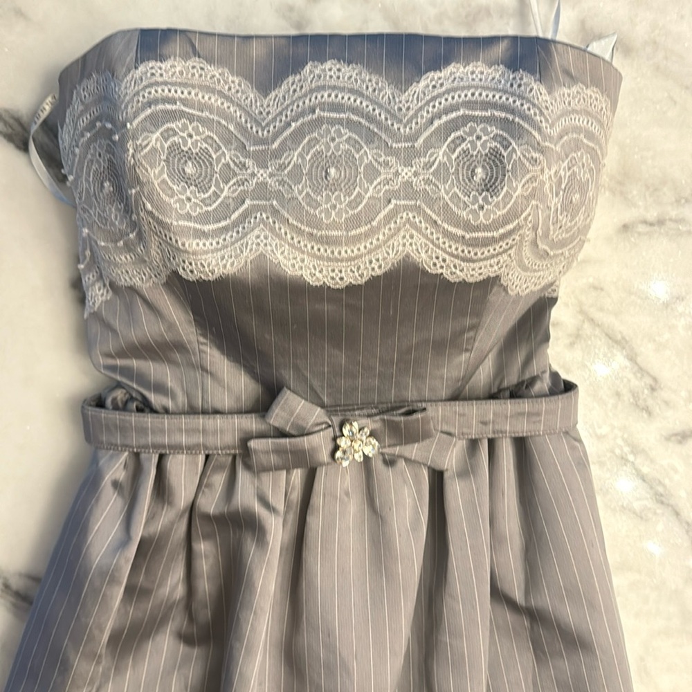 Sunny Choi 100% silk pin striped mini dress with pockets and embellished belt 6